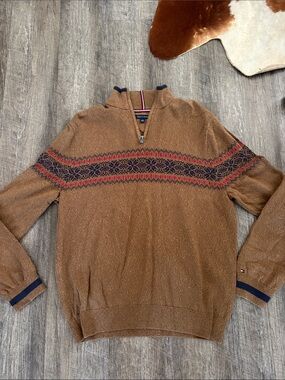 Tommy Hilfiger Men's Tan Zip-Up Sweater with Fair Isle Yoke